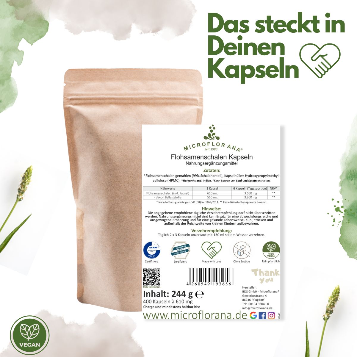 Flohsamenschalen Kapseln 400 Stück (244 g)