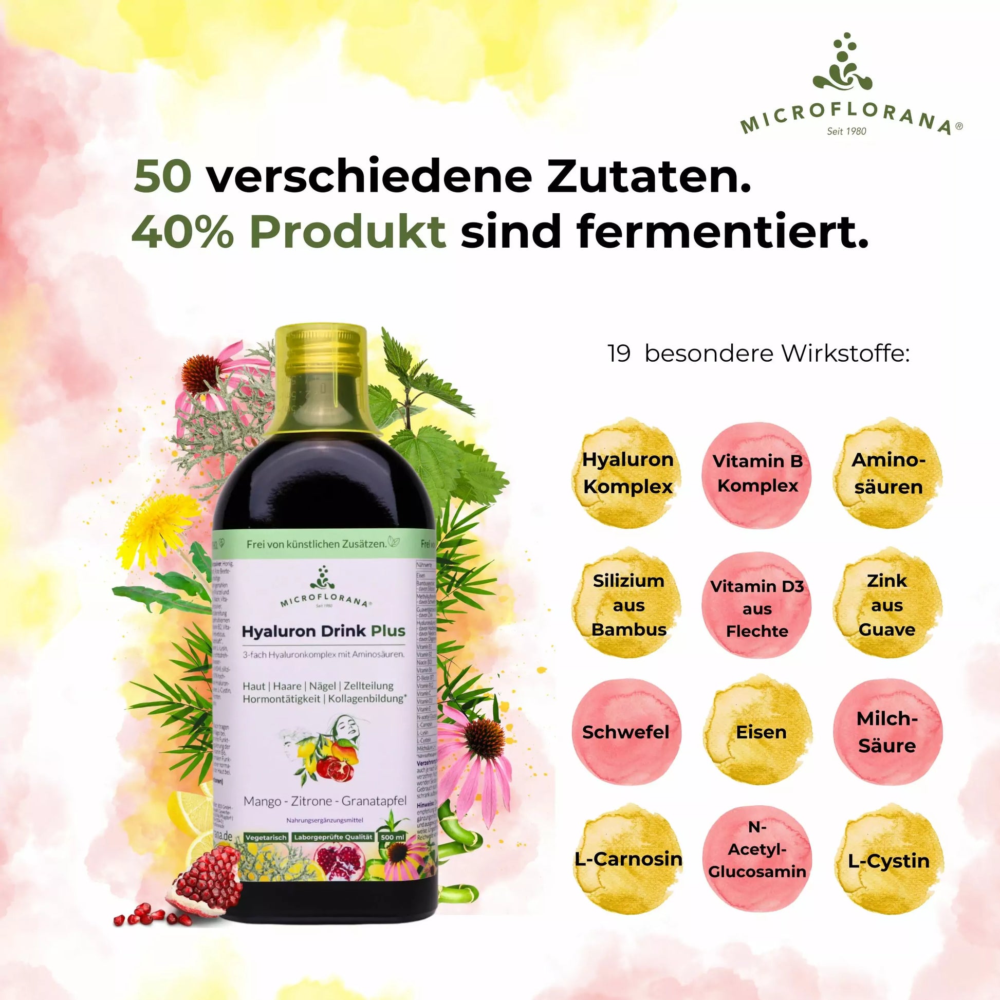 Hyaluron Drink Plus – 3 -fach Hyaluronkomplex mit Aminosäuren aus 50 Zutaten – 500 ml