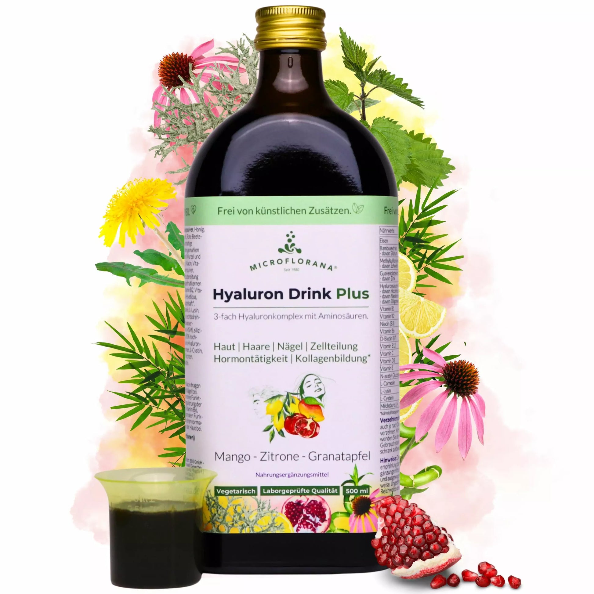 Hyaluron Drink Plus – 3 -fach Hyaluronkomplex mit Aminosäuren aus 50 Zutaten – 500 ml