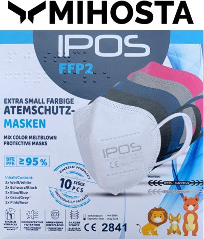 FFP2 für Kinder IPOS 10er Box Extra Small Mix Color ATEMSCHUTZMASKE (EINZELVERPACKT)